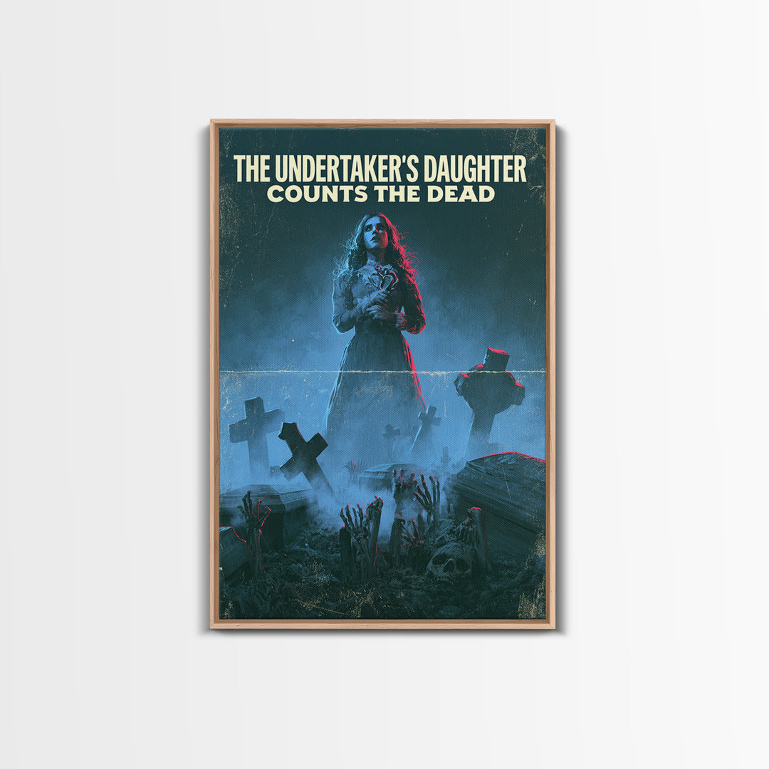 The Undertaker'S Daughter Counts The Dead, English Language Horror Movie Poster, 1980s Vhs Nightmare Cover Inspired Art, Framed Canvas Print
