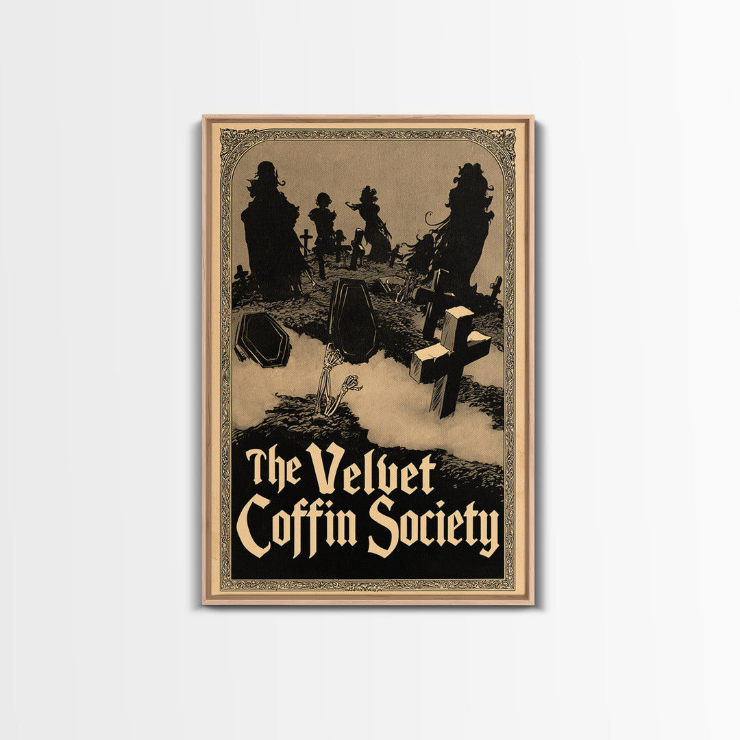 The Velvet Coffin Society, English Language Horror Movie Poster, Decadent Line Art, Gothic Cinema Wall Art, Framed Canvas Print