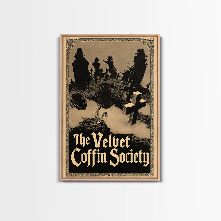 The Velvet Coffin Society, English Language Horror Movie Poster, Decadent Line Art, Gothic Cinema Wall Art, Framed Canvas Print