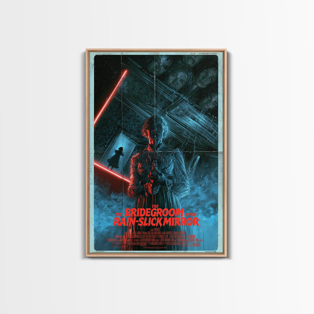 The Bridegroom In The Rain-Slick Mirror, English Language Horror Movie Poster, 1980s Vhs Nightmare Cover Inspired Art, Framed Canvas Print