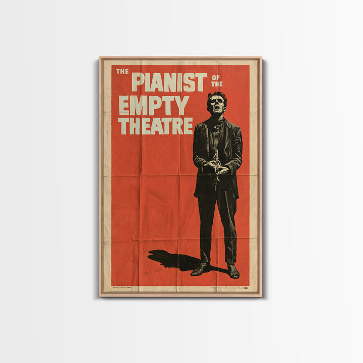 The Pianist Of The Empty Theatre, English Language Horror Movie Poster, 1950s Creature-Feature One-Sheet Inspired Art, Framed Canvas Print