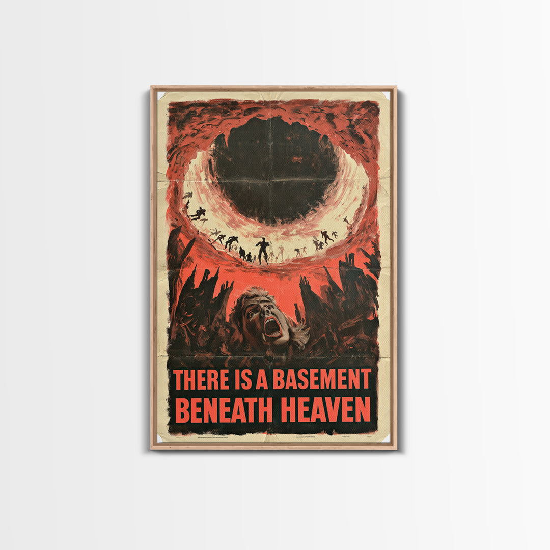 There Is A Basement Beneath Heaven, English Language Horror Movie Poster, 1950s Creature-Feature One-Sheet Inspired Art, Canvas Print