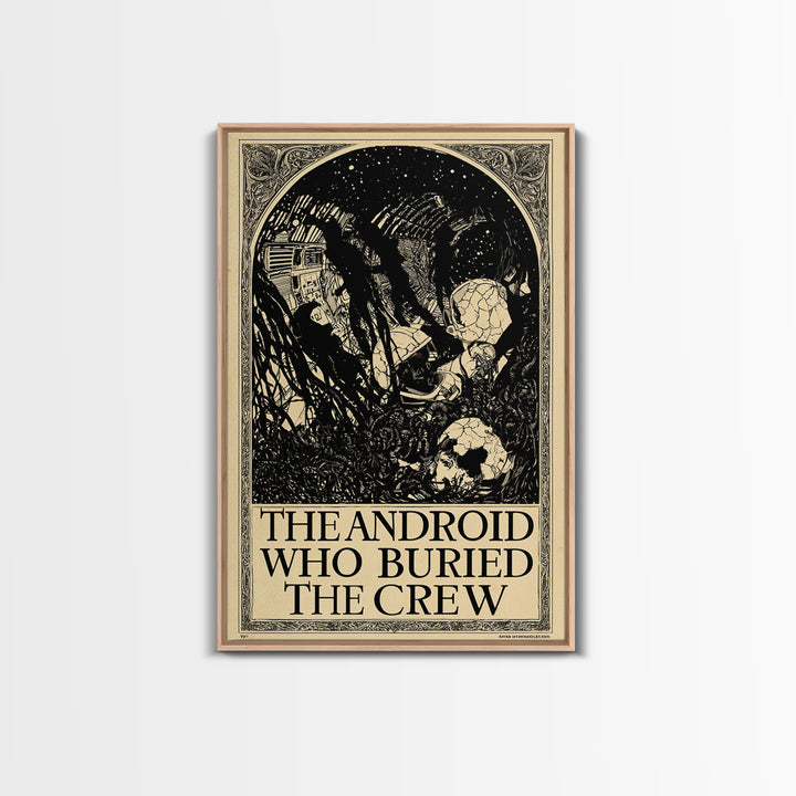 The Android Who Buried The Crew, English Language Horror Movie Poster, Decadent Line Art, Classic Monster Poster, Canvas Print