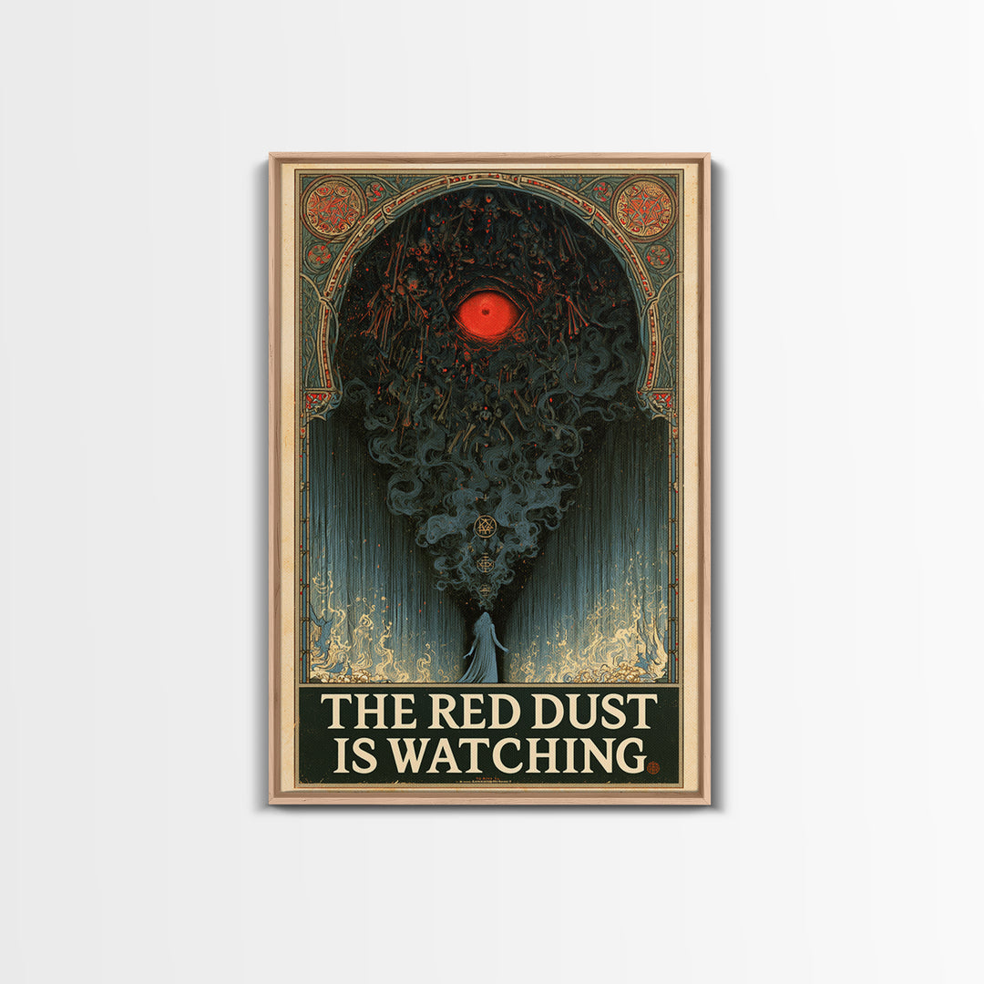 The Red Dust Is Watching, English Language Horror Movie Poster, Stained Glass Gothic Art, Retro Horror Movie Art, Framed Canvas Print