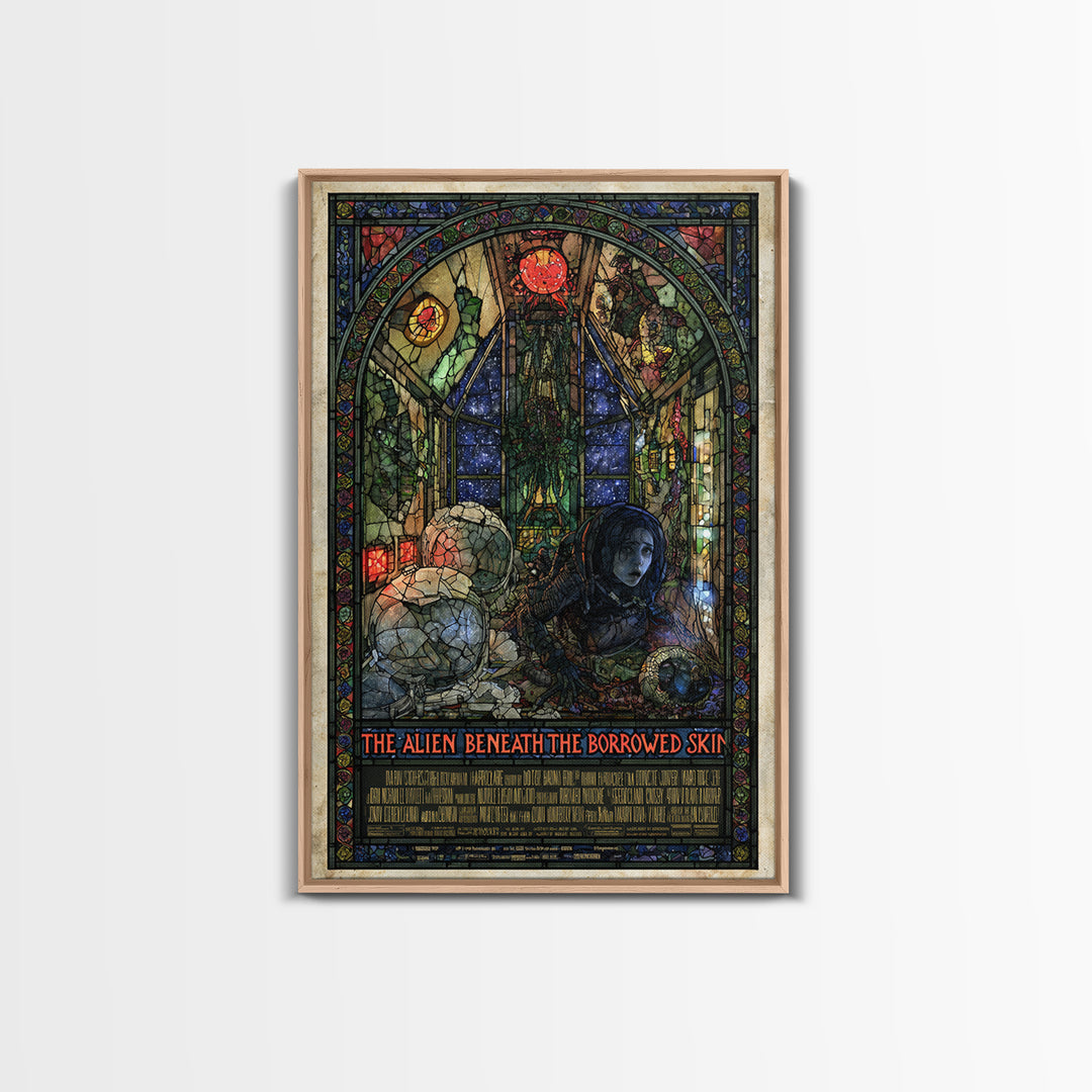 The Alien Beneath The Borrowed Skin, English Language Horror Movie Poster, Stained Glass Gothic Art, Gothic Cinema Wall Art