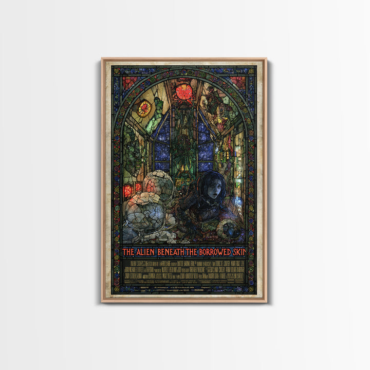The Alien Beneath The Borrowed Skin, English Language Horror Movie Poster, Stained Glass Gothic Art, Gothic Cinema Wall Art