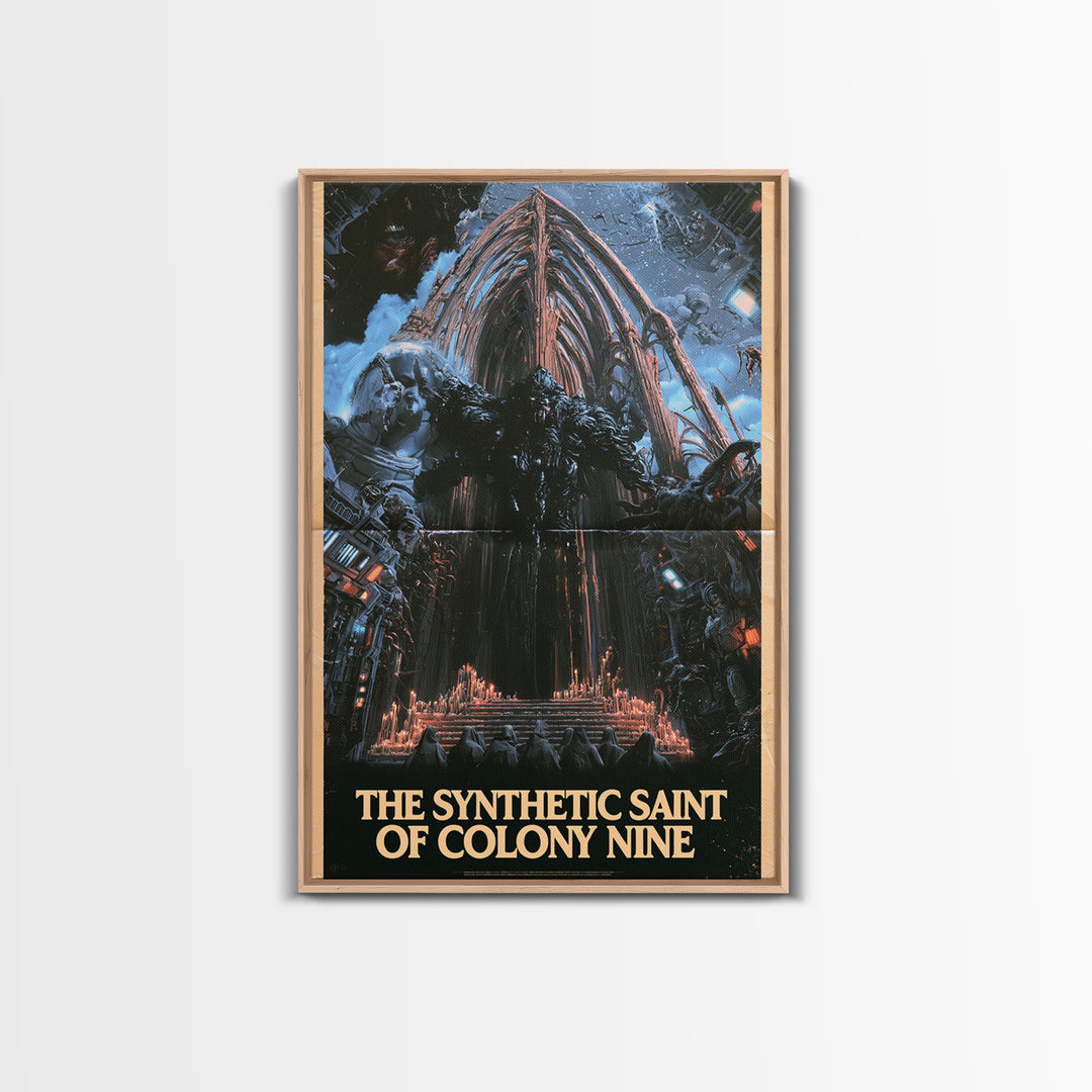 The Synthetic Saint Of Colony Nine, English Language Horror Movie Poster, 1980s Vhs Nightmare Cover Inspired Art, Classic Monster Poster