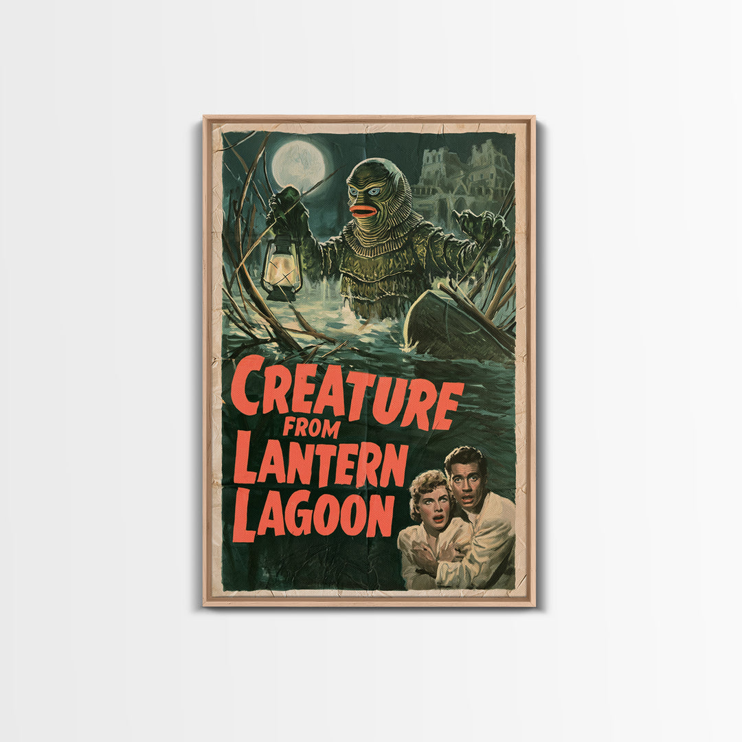 Creature From Lantern Lagoon, English Language Horror Movie Poster, 1950s Creature-Feature One-Sheet Inspired Art, Gothic Cinema Wall Art