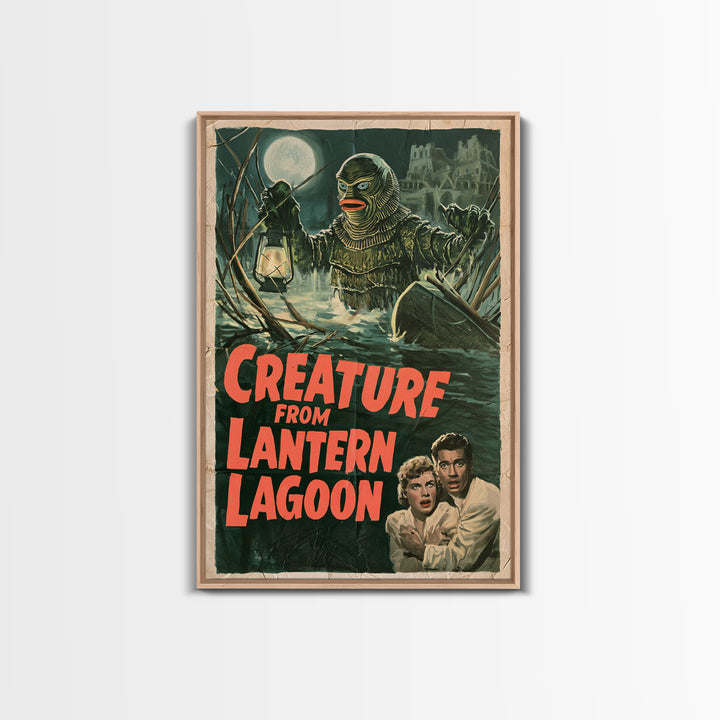 Creature From Lantern Lagoon, English Language Horror Movie Poster, 1950s Creature-Feature One-Sheet Inspired Art, Gothic Cinema Wall Art