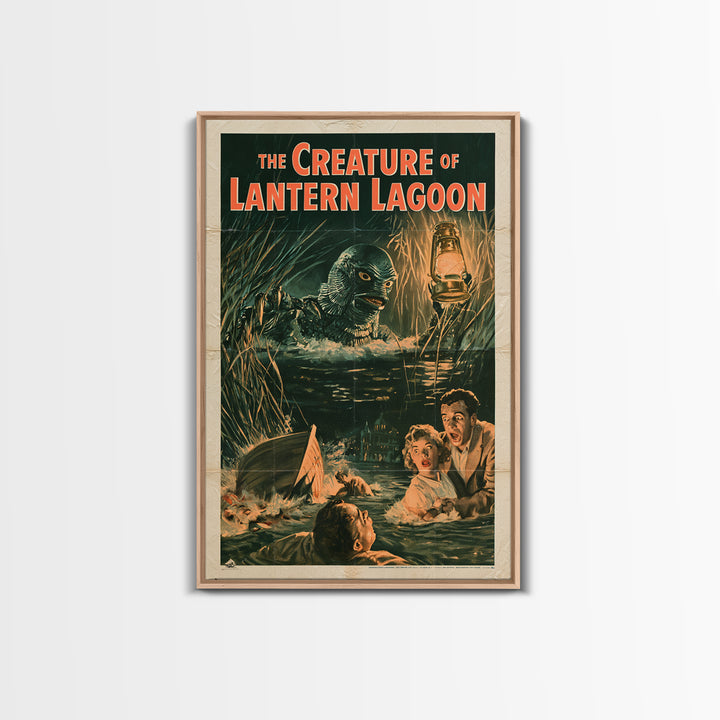 The Creature Of Lantern Lagoon, English Language Horror Movie Poster, 1950s Creature-Feature One-Sheet Inspired Art, Cult Horror Poster