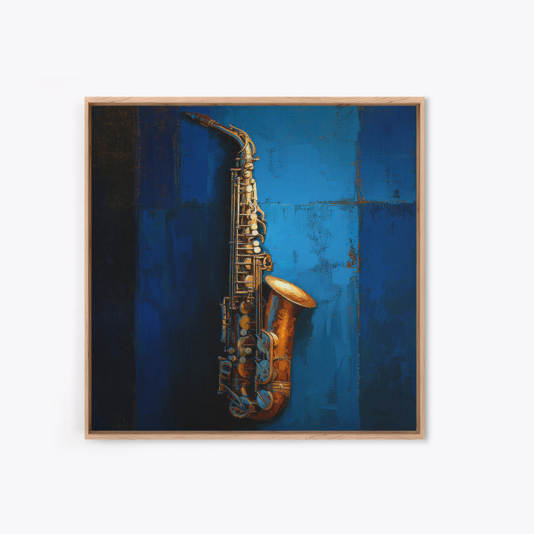 Jazz Saxophone with Smoky Blue Background Framed Canvas Print, Music Studio Art, Watercolor Print, Studio Decor, Rhythm, MSA-1x1-2