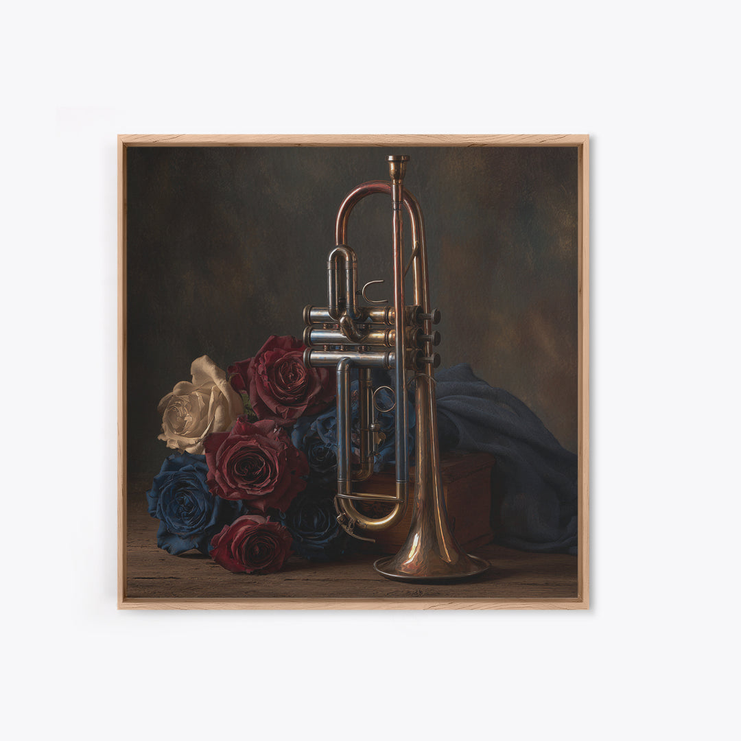 Trumpet and Roses Framed Canvas Print, Music Studio Art, Gallery Decor, Studio Decor, Fine Art, Rhythm, Contemporary Art, MSA-1x1-32