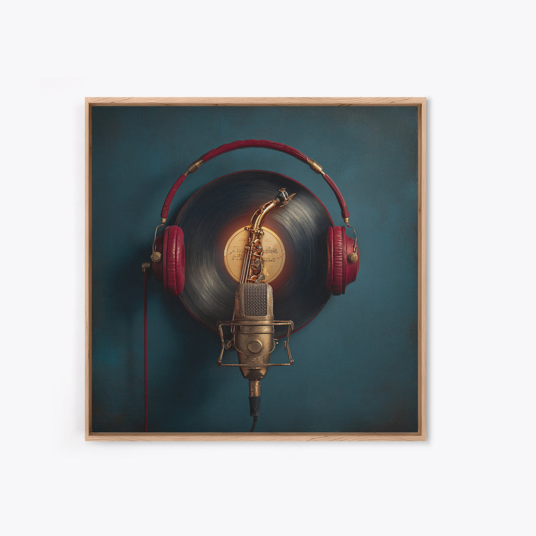Headphones Around a Glowing Record Canvas Print, Music Studio Art, Music Posters, Studio Decor, Fine Art, Rhythm, Music Lover, MSA-1x1-35