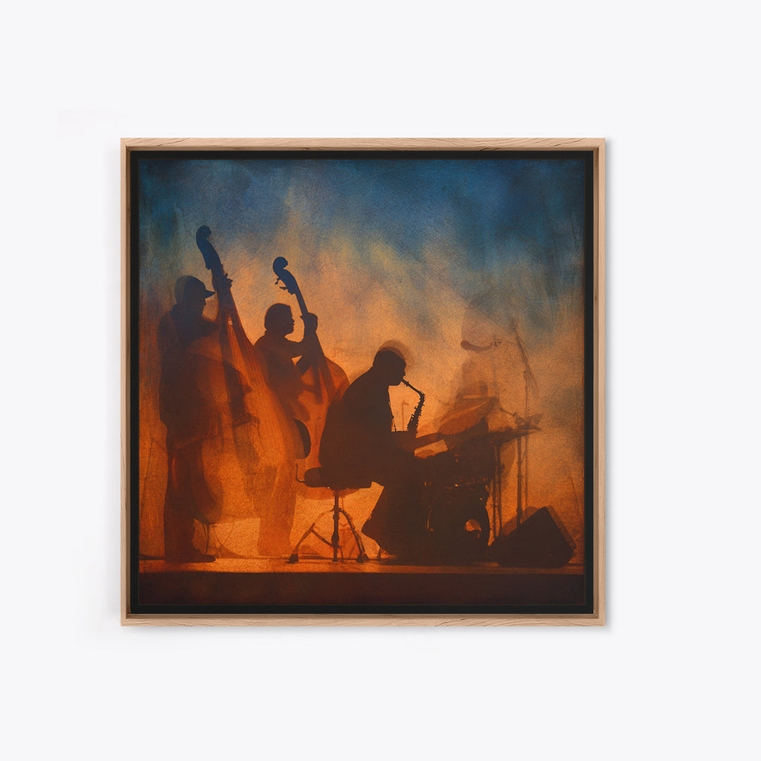 Jazz Quartet Silhouettes Framed Canvas Print, Music Studio Art, Travel Wall Art, Studio Decor, Fine Art, Rhythm, Boho Decor, MSA-1x1-46