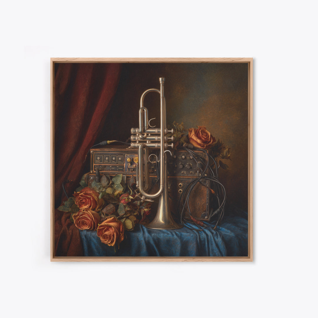 Trumpet and Roses Framed Canvas Print, Music Studio Art, Modern Wall Art, Studio Decor, Rhythm, Boho Art, Travel Wall Art, MSA-1x1-56