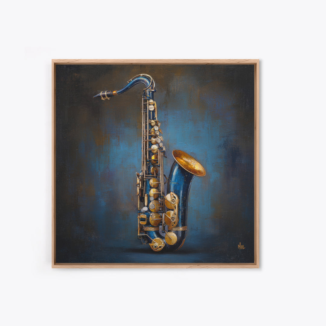 Jazz Saxophone with Smoky Blue Background Framed Canvas Print, Music Studio Art, Music Lover, Studio Decor, Fine Art, Rhythm, MSA-1x1-74