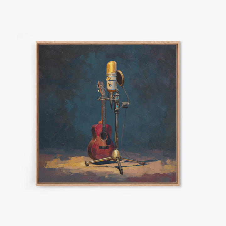 Microphone Portrait with Golden Spotlight Framed Canvas Print, Music Studio Art, Fine Art Print, Studio Decor, Fine Art, Rhythm, MSA-1x1-79