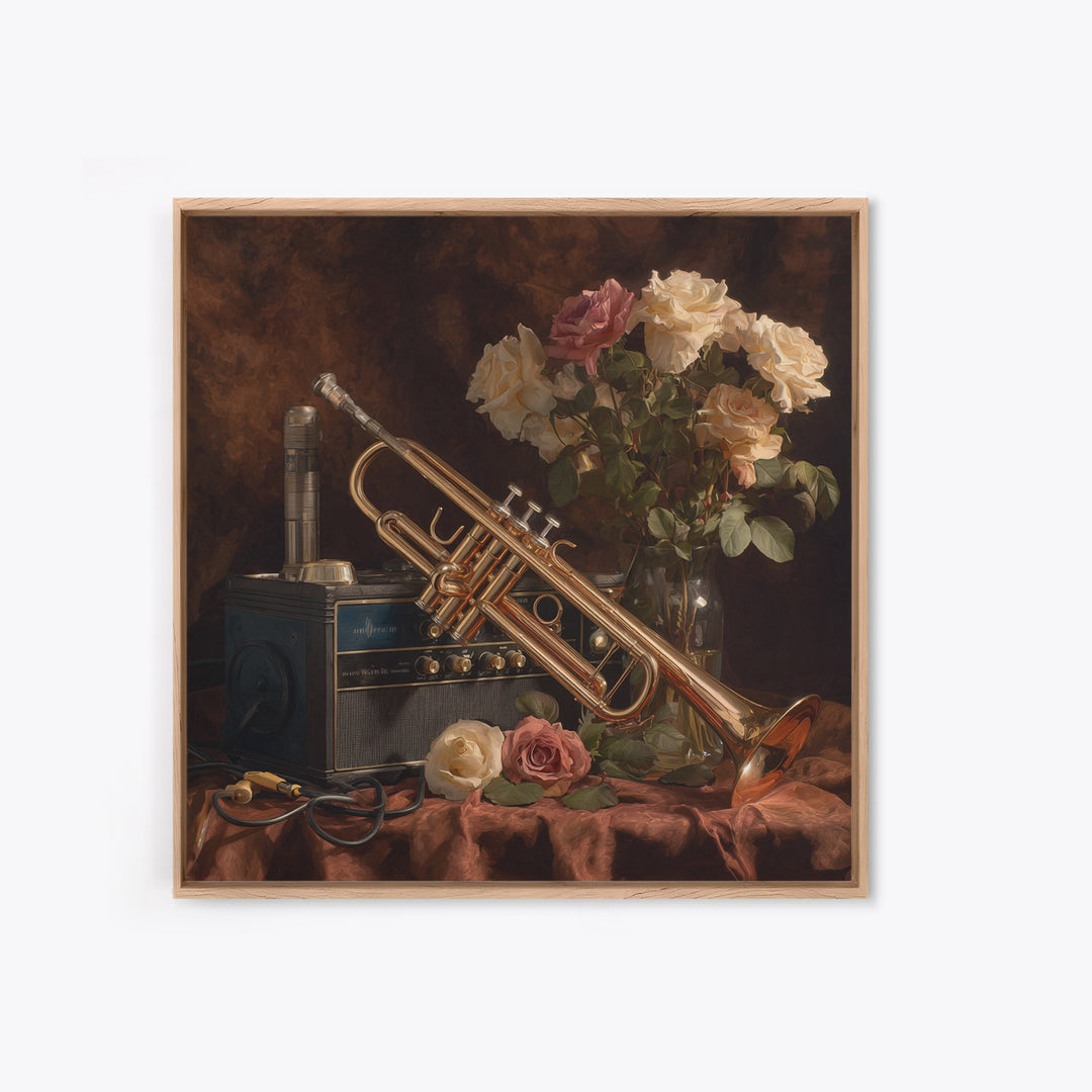 Trumpet and Roses Framed Canvas Print, Music Studio Art, Printable Art, Studio Decor, Rhythm, Music Art, Man Cave Decor, MSA-1x1-8