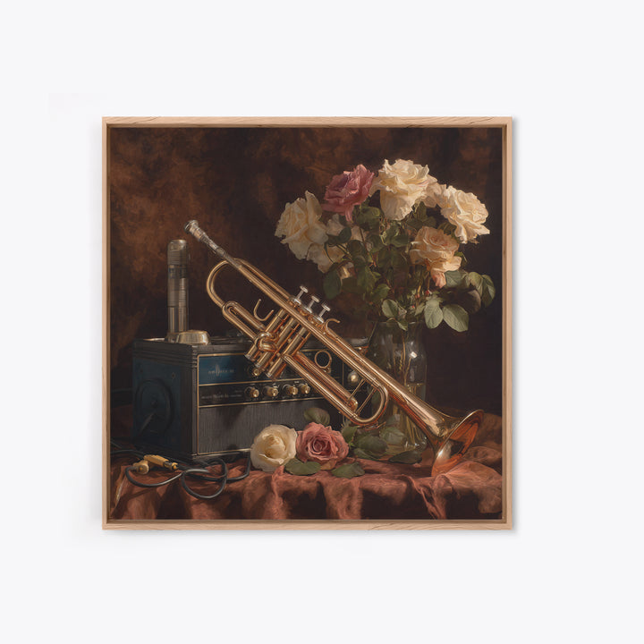 Trumpet and Roses Framed Canvas Print, Music Studio Art, Printable Art, Studio Decor, Rhythm, Music Art, Man Cave Decor, MSA-1x1-8