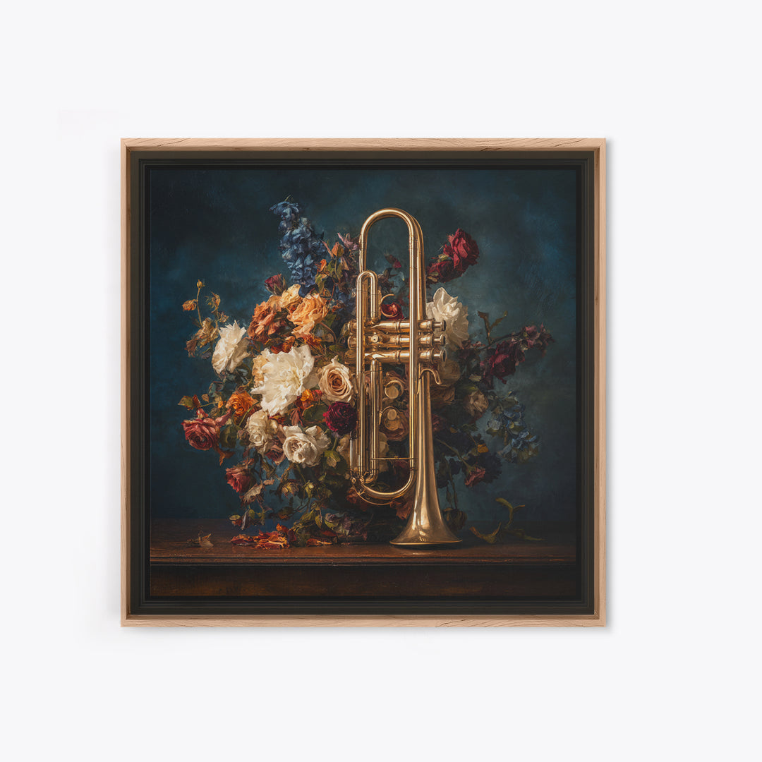 Trumpet and Roses Framed Canvas Print, Music Studio Art, Modern Decor, Studio Decor, Fine Art, Rhythm, Home Decor, Wall Decor, MSA-1x1-80