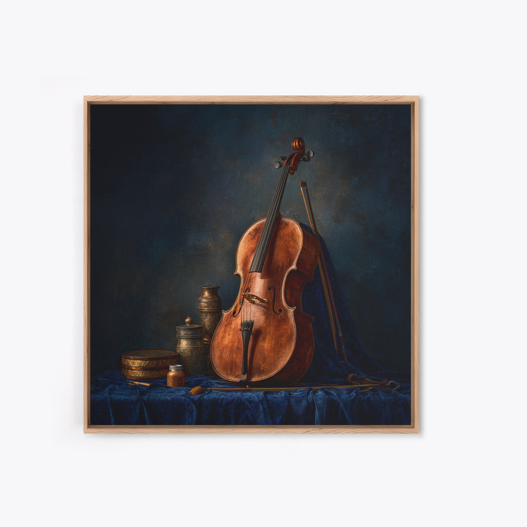 Cello Leaning Against Dark Velvet Backdrop Canvas Print, Music Studio Art, Textured Painting, Studio Decor, Fine Art, Rhythm, MSA-1x1-81