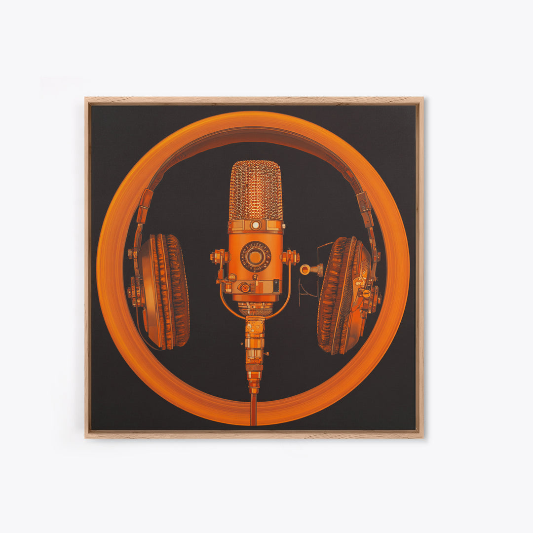Headphones Around a Glowing Record Framed Canvas Print, Music Studio Art, Statement Artwork, Studio Decor, Fine Art, Rhythm, MSA-1x1-83