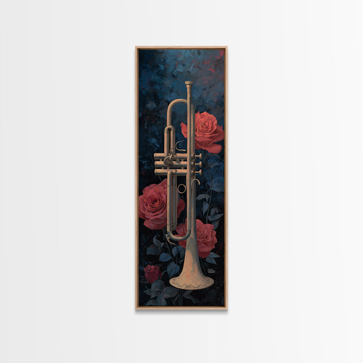 Trumpet and Roses Framed Canvas Print, Music Studio Art, Luxury Decor, Studio Decor, Fine Art, Rhythm, Art Commission, MSA-1x3-20