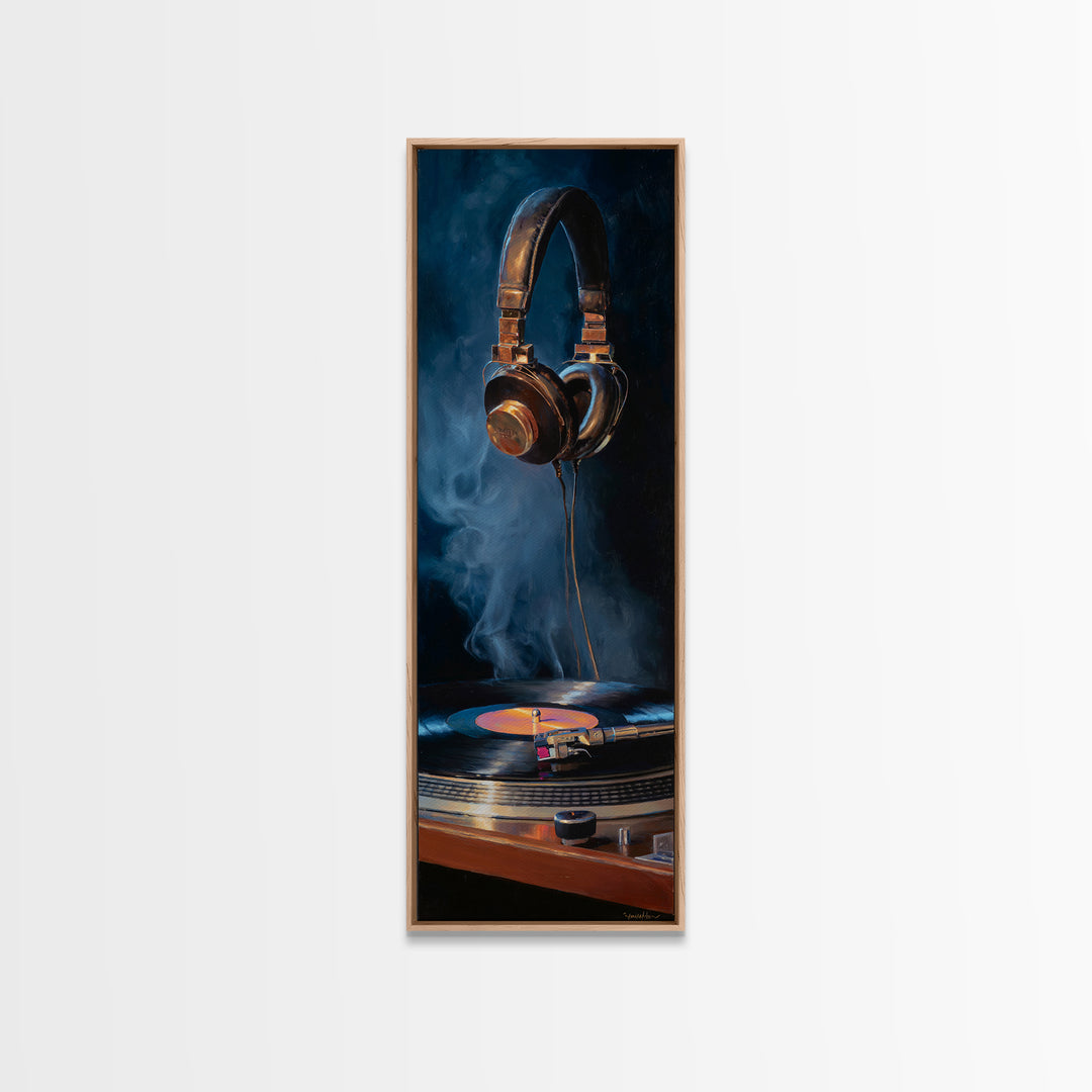 Headphones Around a Glowing Record Framed Canvas Print, Music Studio Art, Custom Painting, Studio Decor, Fine Art, Rhythm, MSA-1x3-47