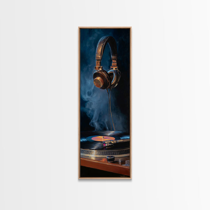 Headphones Around a Glowing Record Framed Canvas Print, Music Studio Art, Custom Painting, Studio Decor, Fine Art, Rhythm, MSA-1x3-47