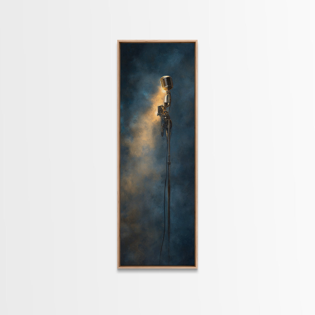 Microphone Portrait with Golden Spotlight Framed Canvas Print, Music Studio Art, Paul Mccartney, Studio Decor, Fine Art, Rhythm, MSA-1x3-91