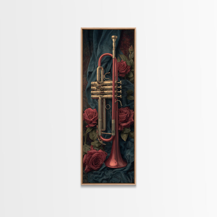 Trumpet and Roses Framed Canvas Print, Music Studio Art, Painting from Photo, Studio Decor, Rhythm, Gifts for Musicians, MSA-1x3-92