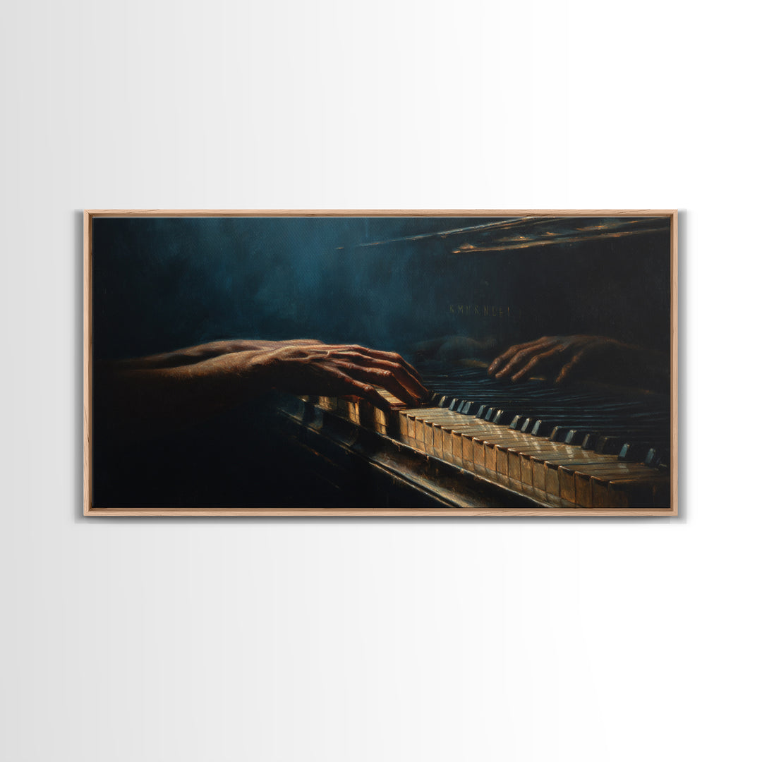 Piano Keys with Hands in Cinematic Shadow Framed Canvas Print, Music Studio Art, Home Decor, Studio Decor, Fine Art, Rhythm, MSA-2x1-25