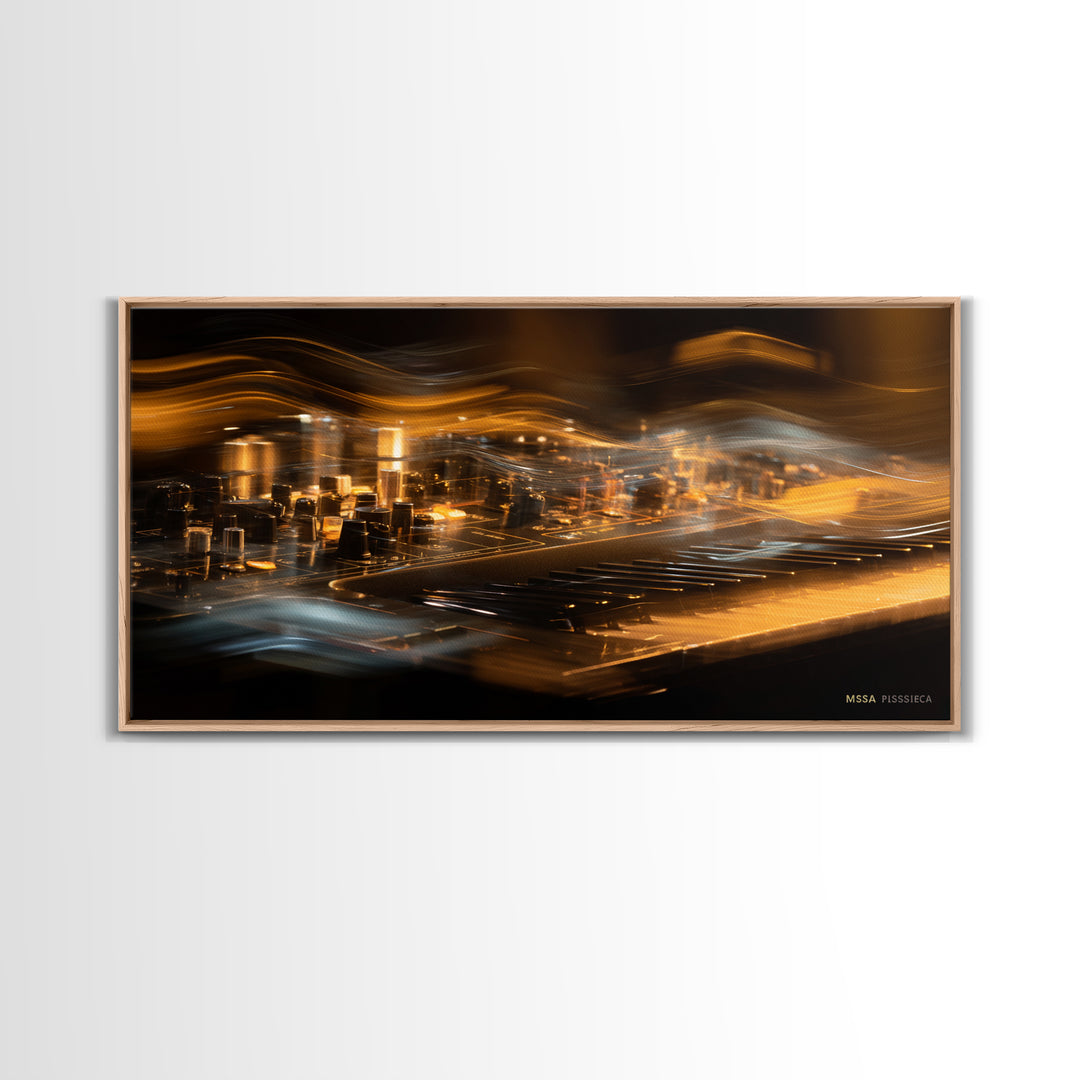 Synthesizer Knobs and Neon Reflections Framed Canvas Print, Music Studio Art, Luxury Decor, Studio Decor, Fine Art, Rhythm, MSA-2x1-30