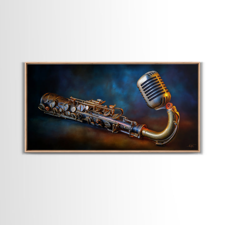 Microphone Portrait with Golden Spotlight Framed Canvas Print, Music Studio Art, Boho Decor, Studio Decor, Oil Painting, Rhythm, MSA-2x1-75