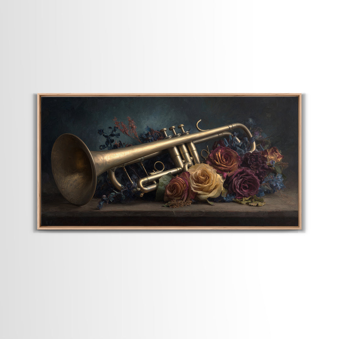 Trumpet and Roses Canvas Print, Music Studio Art, Digital Download Art, Studio Decor, Fine Art, Rhythm, Music Lover Gift, MSA-2x1-76