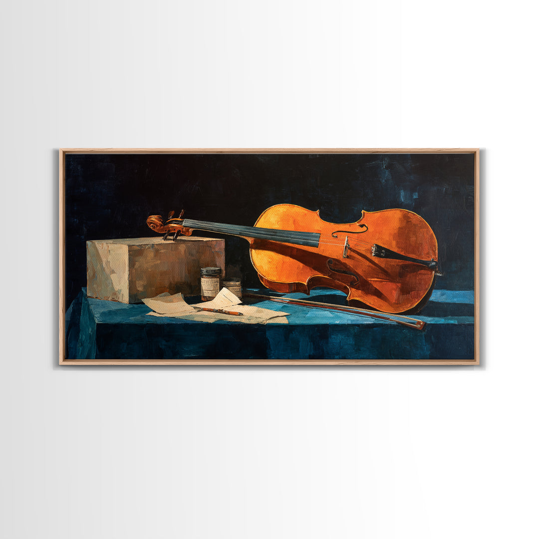 Cello Leaning Against Dark Velvet Backdrop Canvas Print, Music Studio Art, Printable Art, Studio Decor, Oil Painting, Rhythm, MSA-2x1-77