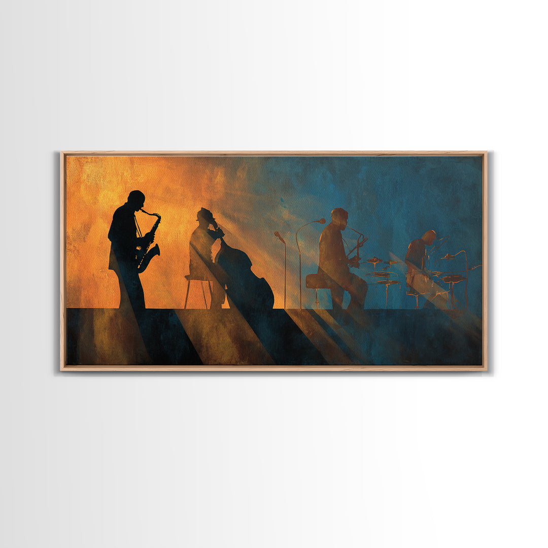 Jazz Quartet Silhouettes Framed Canvas Print, Music Studio Art, Studio Decor, Oil Painting, Rhythm, Wall Art Printable, MSA-2x1-90