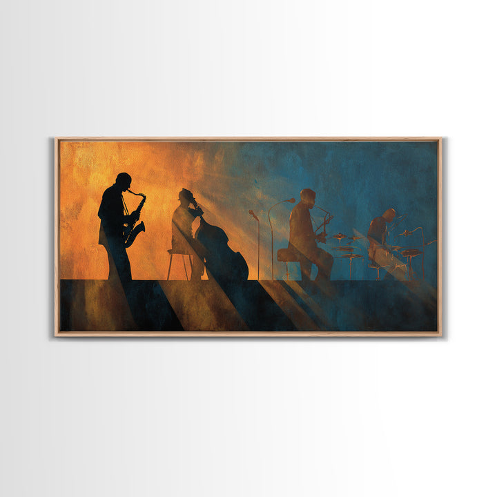 Jazz Quartet Silhouettes Framed Canvas Print, Music Studio Art, Studio Decor, Oil Painting, Rhythm, Wall Art Printable, MSA-2x1-90
