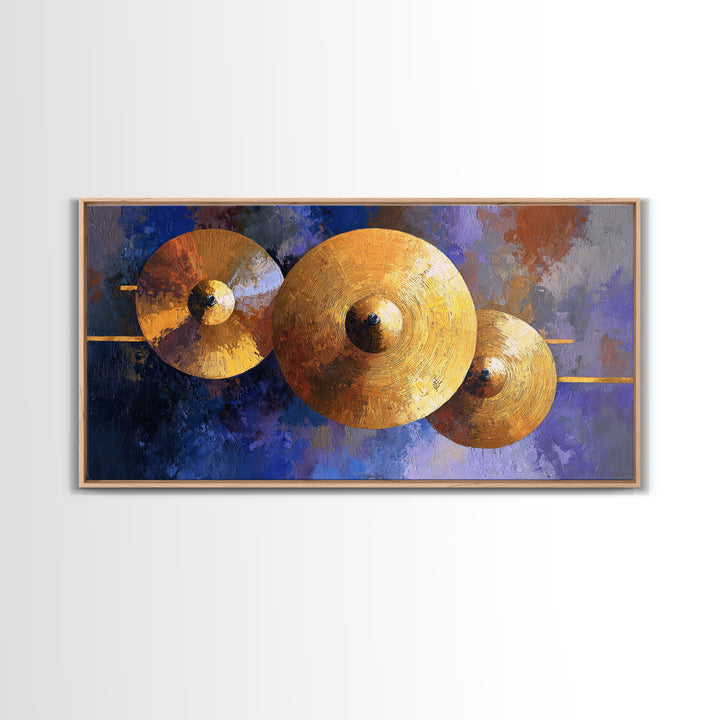 Gold Cymbal Closeup Framed Canvas Print, Music Studio Art, Music Wall Art, Studio Decor, Oil Painting, Rhythm, Teen Room Decor, MSA-2x1-92