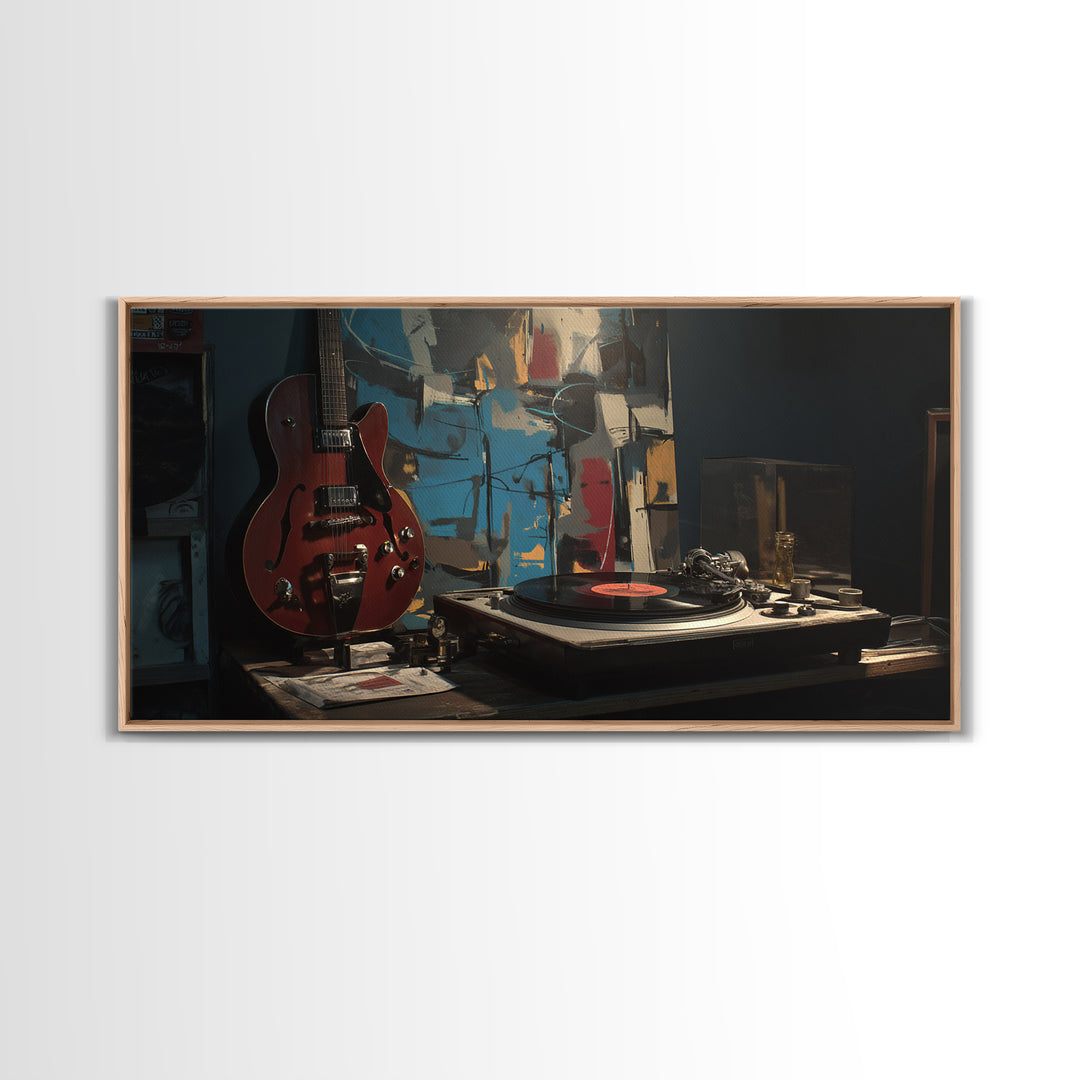 Vinyl Record and Turntable Still Life Framed Canvas Print, Music Studio Art, Gifts for Musicians, Studio Decor, Rhythm, MSA-2x1-95