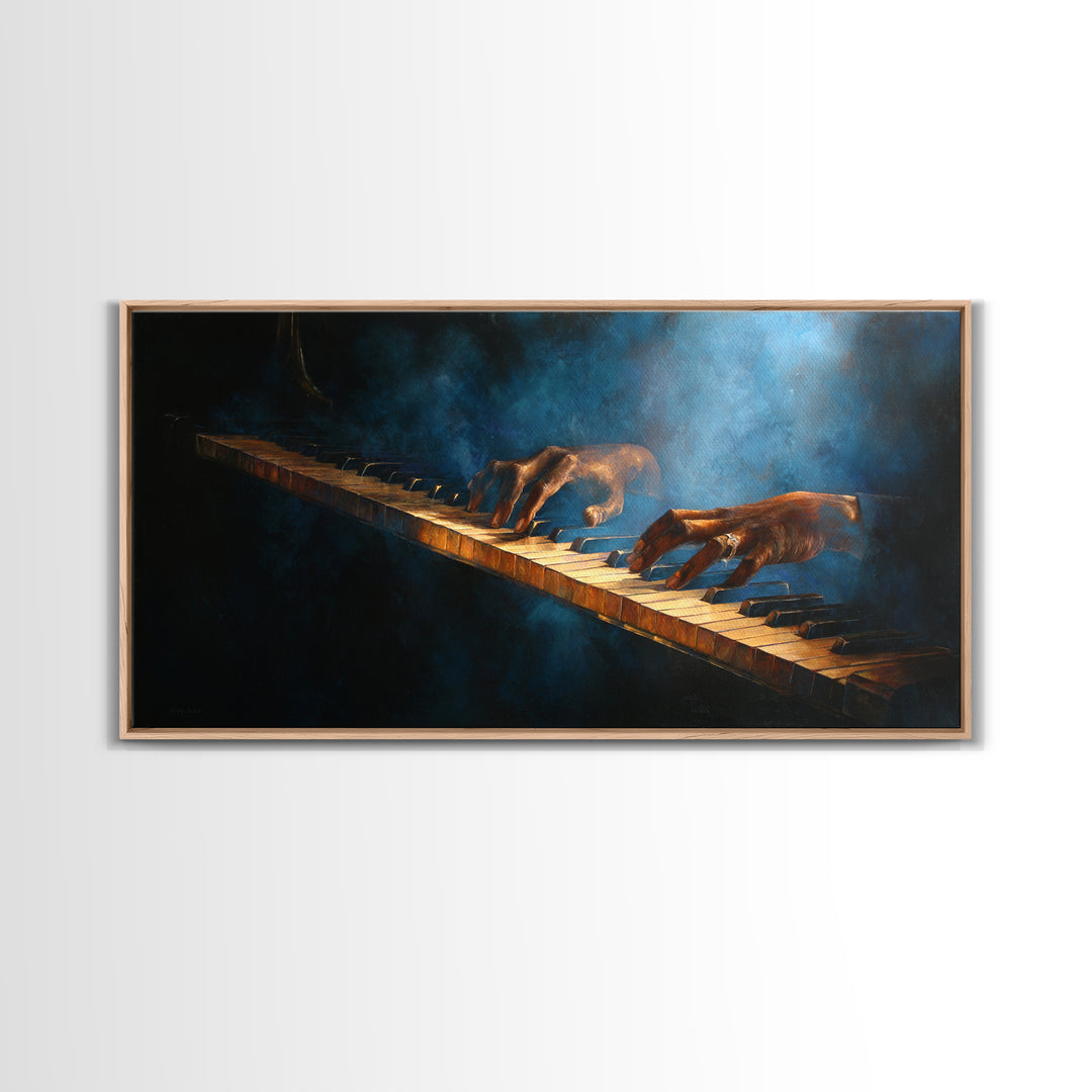 Piano Keys with Hands in Cinematic Shadow Framed Canvas Print, Music Studio Art, Trendy Wall Art, Studio Decor, Rhythm, MSA-2x1-97