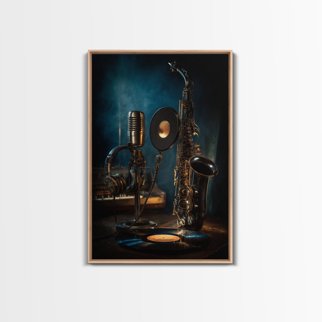 Headphones Around a Glowing Record Framed Canvas Print, Music Studio Art, Neutral Decor, Studio Decor, Fine Art, Rhythm, MSA-2x3-19