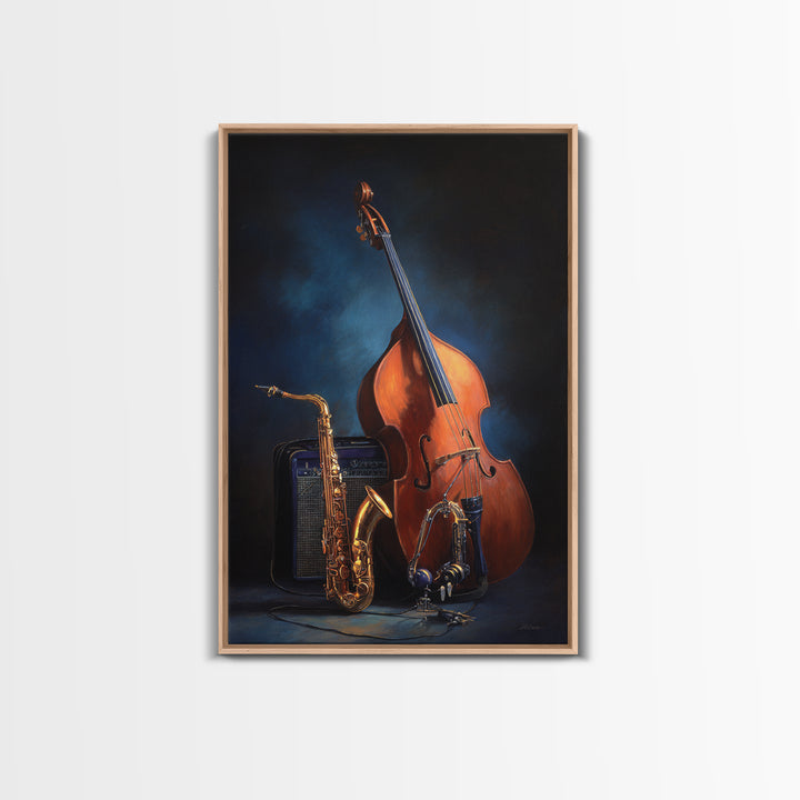 Cello Leaning Against Dark Velvet Backdrop Framed Canvas Print, Music Studio Art, Studio Decor, Abstract Art, Rhythm, MSA-2x3-41