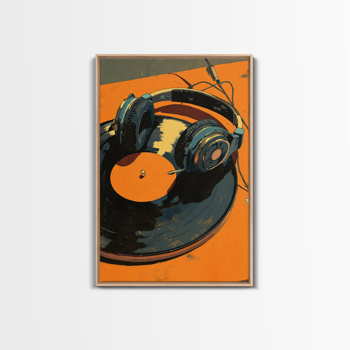 Headphones Around a Glowing Record Framed Canvas Print, Music Studio Art, Contemporary Art, Studio Decor, Fine Art, Rhythm, MSA-2x3-43