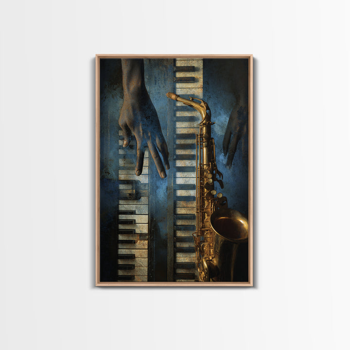 Piano Keys with Hands in Cinematic Shadow Framed Canvas Print, Music Studio Art, Wall Art Printable, Studio Decor, Rhythm, MSA-2x3-85