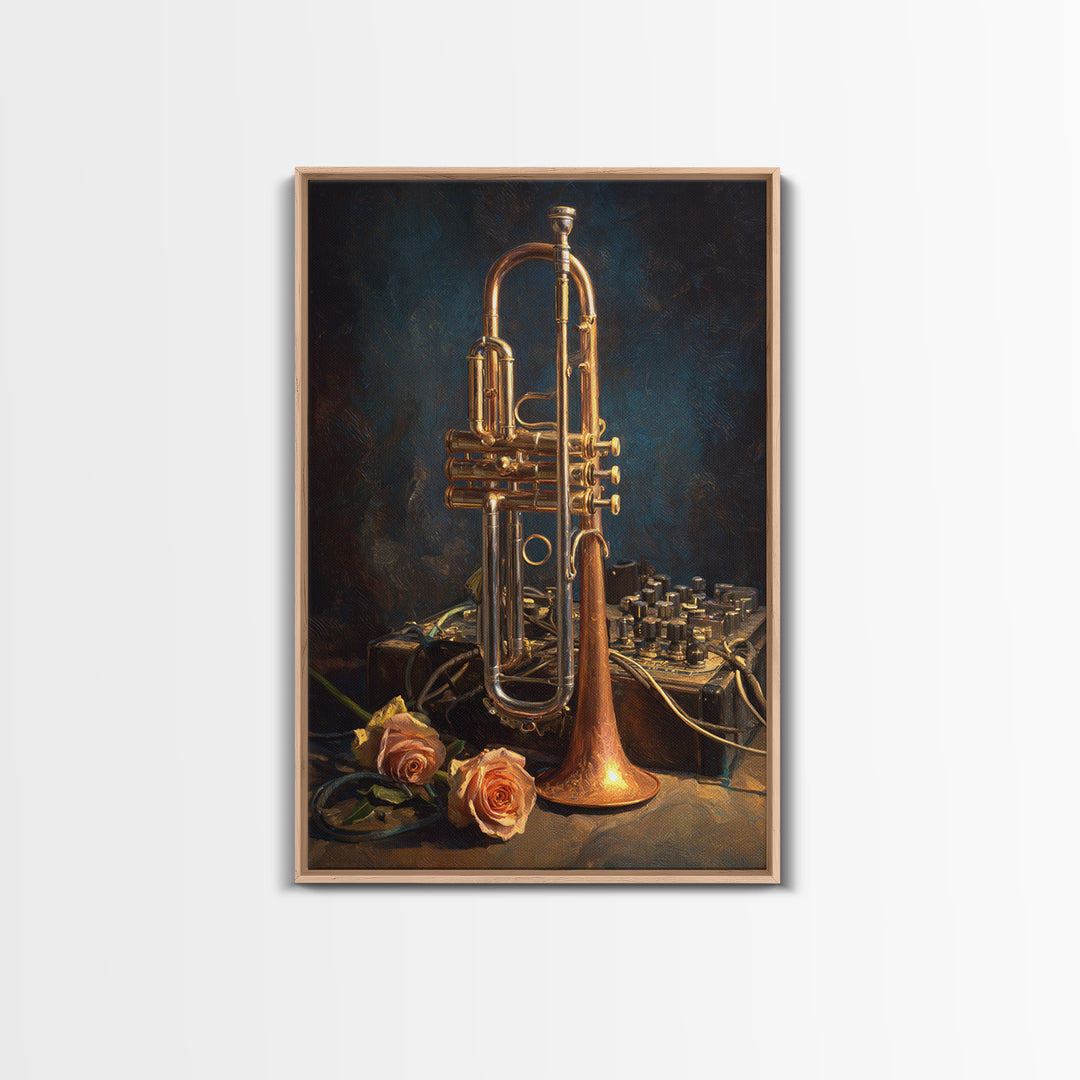 Trumpet and Roses Framed Canvas Print, Music Studio Art, Digital Wall Art, Studio Decor, Fine Art, Rhythm, Commission Painting, MSA-2x3-88