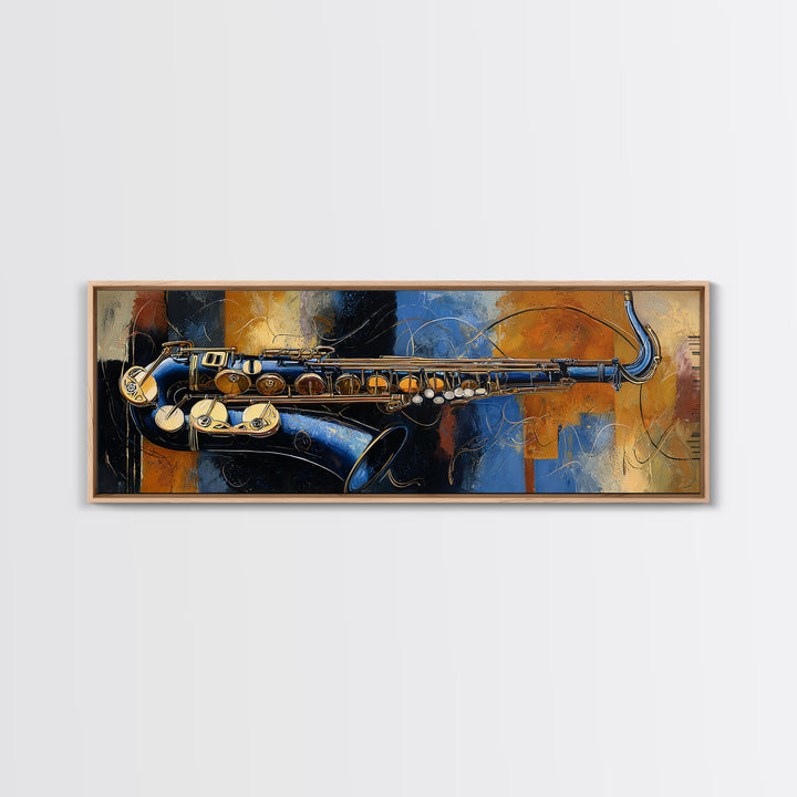 Jazz Saxophone with Smoky Blue Background Framed Canvas Print, Music Studio Art, Custom Painting, Studio Decor, Rhythm, MSA-3x1-18