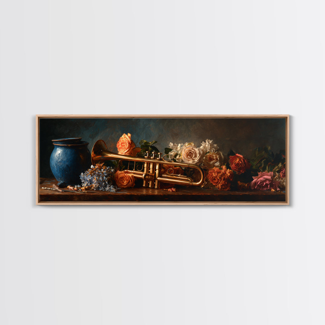 Trumpet and Roses Canvas Print, Music Studio Art, Music Gift, Studio Decor, Fine Art, Rhythm, Room Decor, Textured Painting, MSA-3x1-24