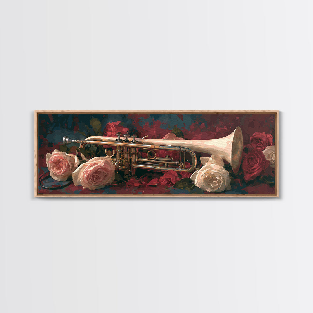 Trumpet and Roses Canvas Print, Music Studio Art, Art Print, Studio Decor, Fine Art, Rhythm, Digital Wall Art, Printable Art, MSA-3x1-48