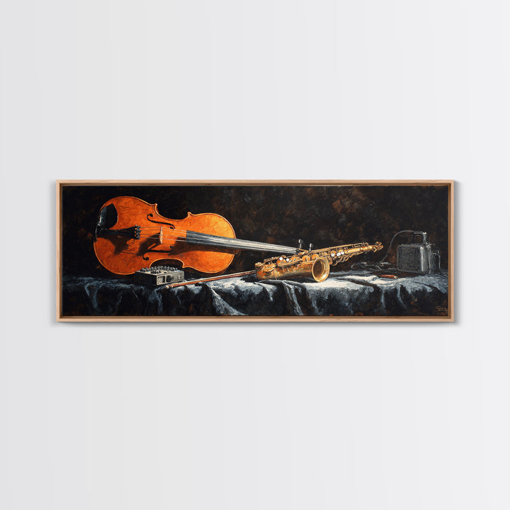 Cello Leaning Against Dark Velvet Backdrop Canvas Print, Music Studio Art, Commission Painting, Studio Decor, Abstract Art, MSA-3x1-49